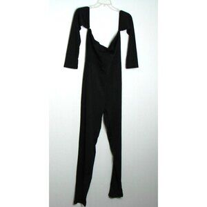 Womens Black Jumpsuit On/Off Shoulder Size L Full Length Bodycon Stretch Zipper